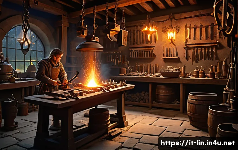 리니지 무기 제작 기본 - A detailed fantasy blacksmith forge scene featuring a master craftsman at a high-level crafting stat...