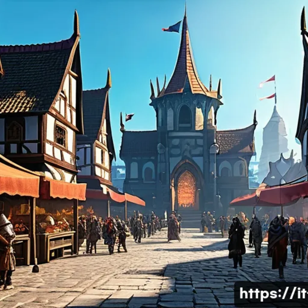 리니지 서버별 차이 분석 - A vibrant MMORPG server scene showing a densely populated fantasy city square bustling with diverse ...