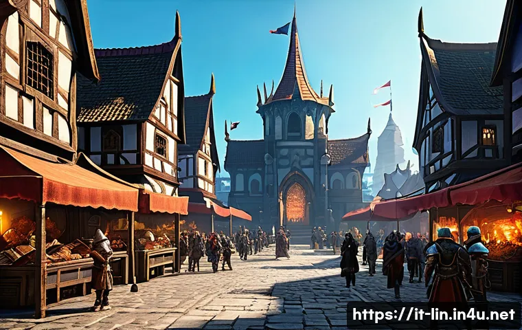 리니지 서버별 차이 분석 - A vibrant MMORPG server scene showing a densely populated fantasy city square bustling with diverse ...