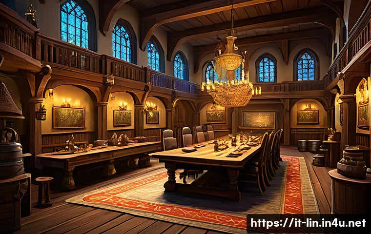 리니지 혈맹 보상 시스템 - A vibrant fantasy guild hall filled with diverse members collaborating around a large wooden table s...