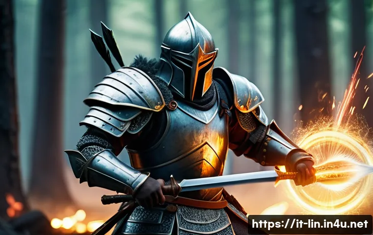 리니지 고급 장비 사용법 - A dynamic fantasy battle scene featuring a skilled warrior wielding a powerful advanced physical dam...