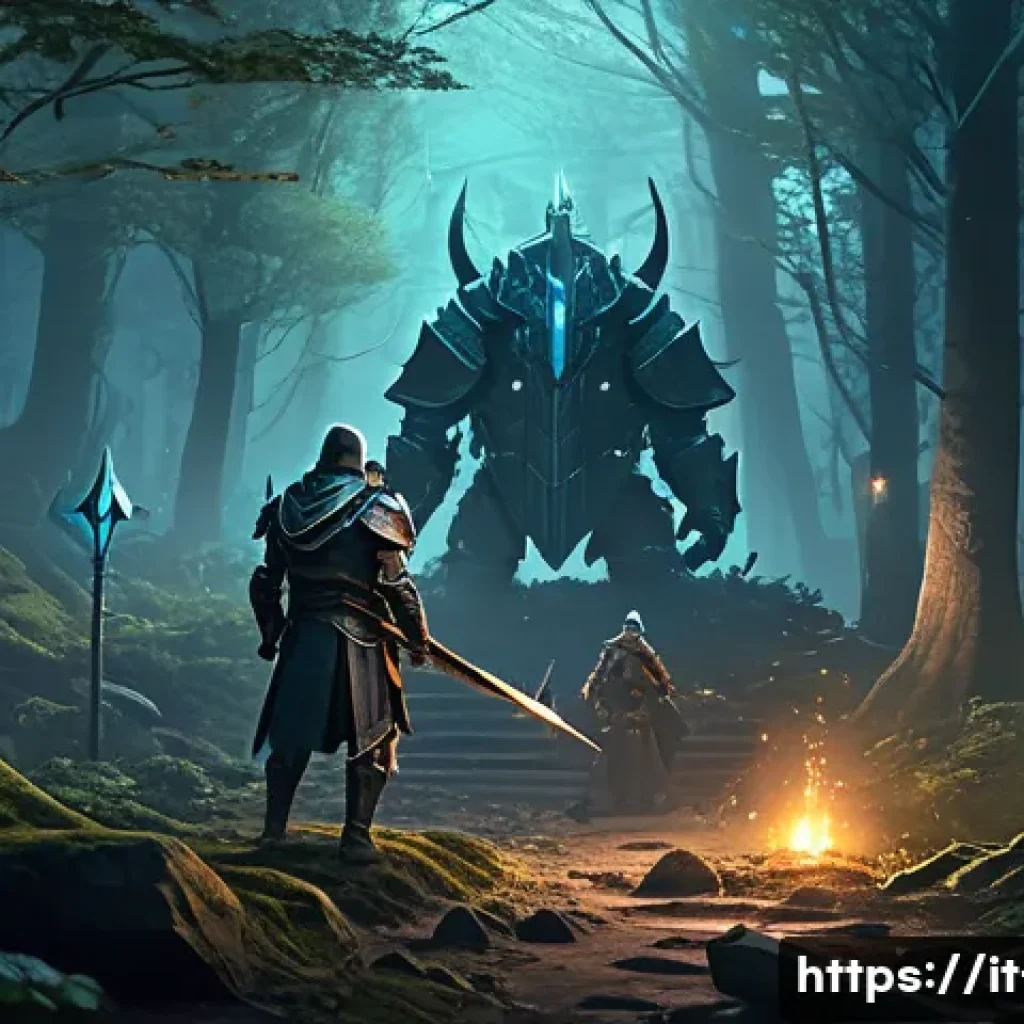 리니지 퀘스트 진행 팁 - A detailed fantasy RPG party preparing for a difficult quest in a mystical forest clearing at dusk, ...