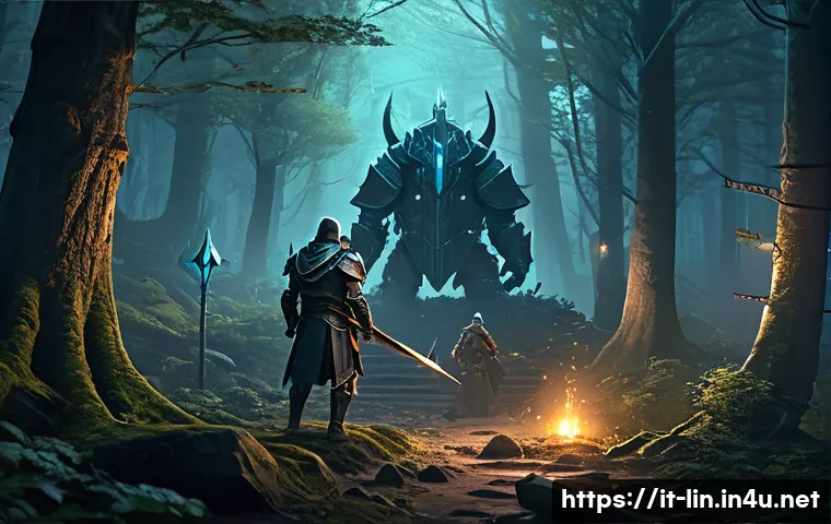 리니지 퀘스트 진행 팁 - A detailed fantasy RPG party preparing for a difficult quest in a mystical forest clearing at dusk, ...