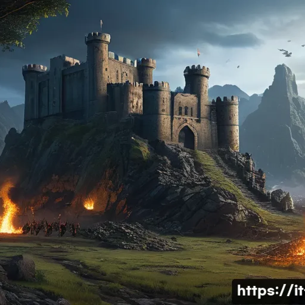 리니지 희귀템 드랍 정보 - A detailed fantasy scene depicting the Castle of Aden at dusk, with towering medieval stone walls il...