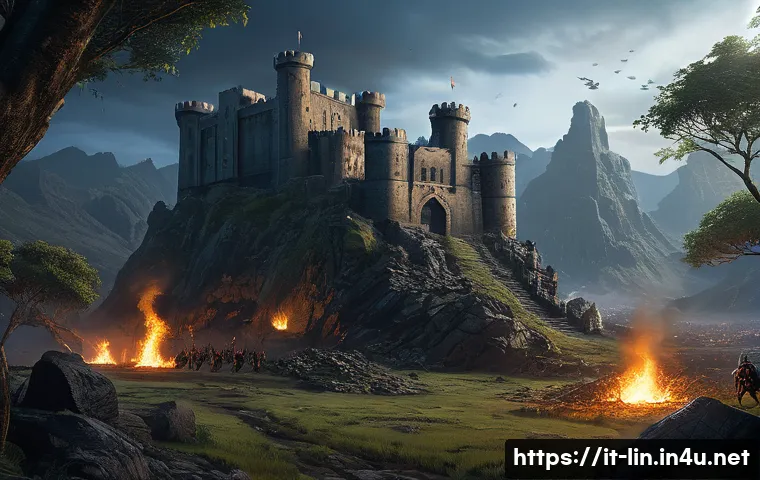리니지 희귀템 드랍 정보 - A detailed fantasy scene depicting the Castle of Aden at dusk, with towering medieval stone walls il...