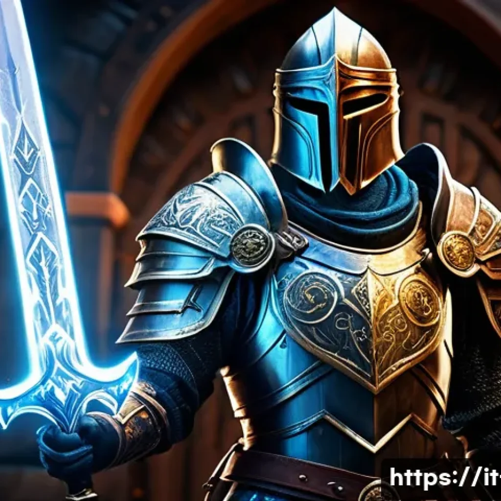 리니지 강화석 종류와 용도 - A detailed fantasy warrior character in ornate heavy armor, standing confidently in a medieval castl...
