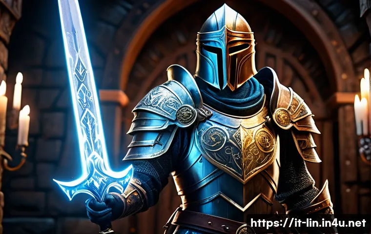 리니지 강화석 종류와 용도 - A detailed fantasy warrior character in ornate heavy armor, standing confidently in a medieval castl...
