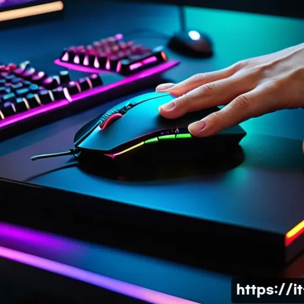 리니지 전용 마우스 설정 - A detailed scene of a professional gamer’s hand adjusting a high-end gaming mouse on a sleek black d...
