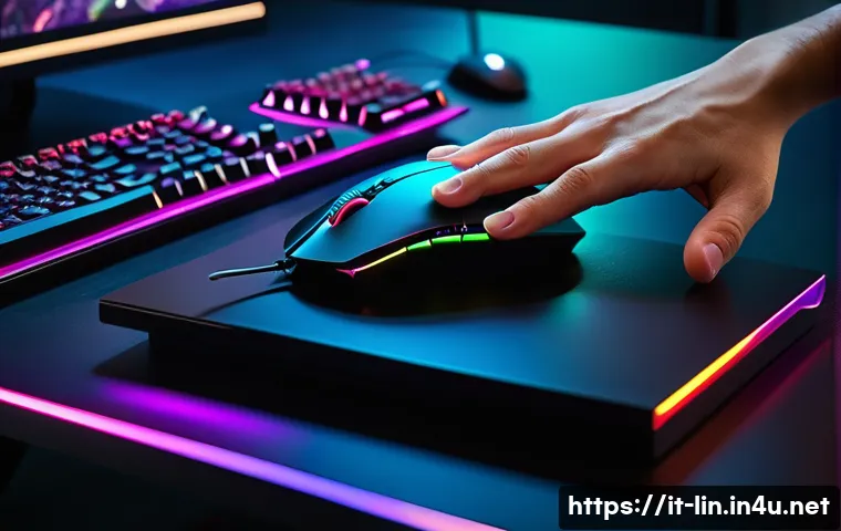 리니지 전용 마우스 설정 - A detailed scene of a professional gamer’s hand adjusting a high-end gaming mouse on a sleek black d...