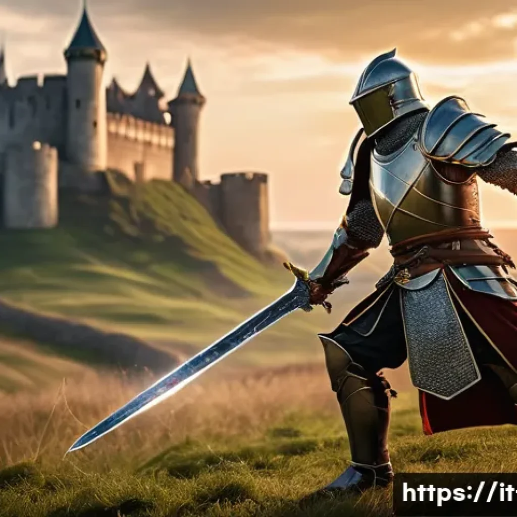 리니지 무기 종류별 비교 - A dynamic fantasy warrior wielding a gleaming sword, dressed in detailed, elegant armor with intrica...