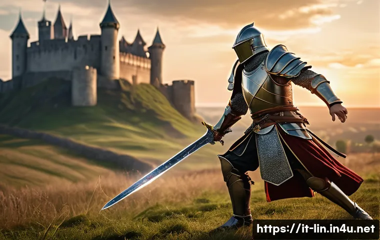 리니지 무기 종류별 비교 - A dynamic fantasy warrior wielding a gleaming sword, dressed in detailed, elegant armor with intrica...