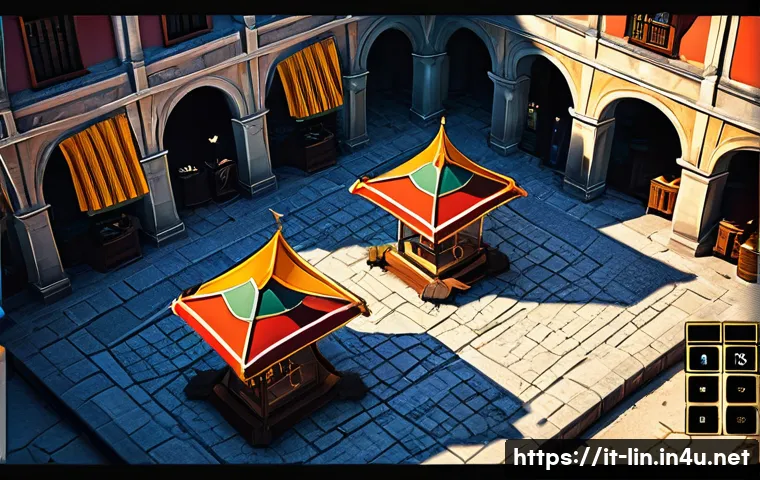 리니지 희귀 장비의 가치 - ) A bustling fantasy MMO marketplace on an Italian-language server, wide isometric view of a medieva...