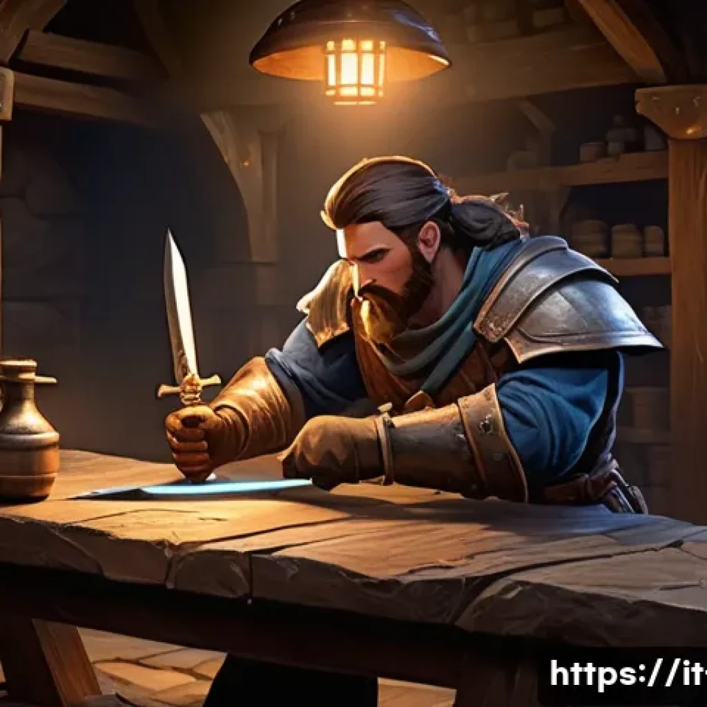 리니지 장비 강화 성공 확률 - A detailed fantasy RPG blacksmith&rsquo;s workshop scene where a focused player character is cautiously en...