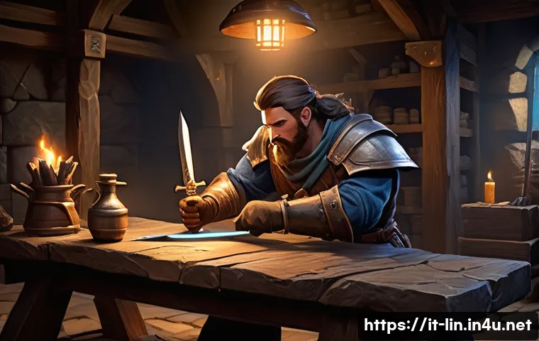리니지 장비 강화 성공 확률 - A detailed fantasy RPG blacksmith&rsquo;s workshop scene where a focused player character is cautiously en...