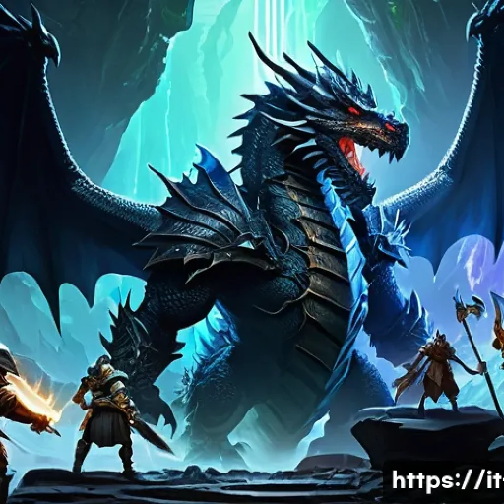 리니지 희귀 보스 드랍 정보 - A detailed fantasy battle scene depicting a group of diverse adventurers in elaborate armor and wiel...