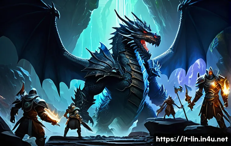 리니지 희귀 보스 드랍 정보 - A detailed fantasy battle scene depicting a group of diverse adventurers in elaborate armor and wiel...