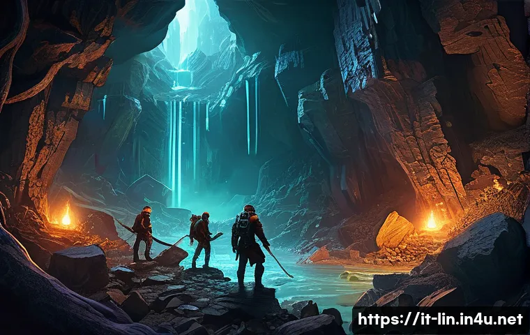 리니지 필드 사냥터 추천 - A vibrant fantasy scene of the Dion Mines, showing a dimly lit cavern filled with a variety of low-l...