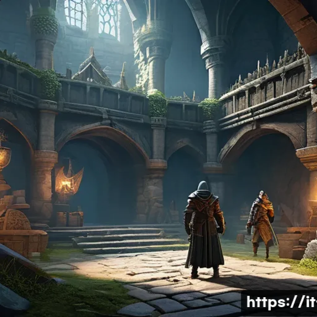 리니지 PvE 전용 서버 분석 - A serene fantasy PvE game environment depicting a group of diverse adventurers in light armor collab...