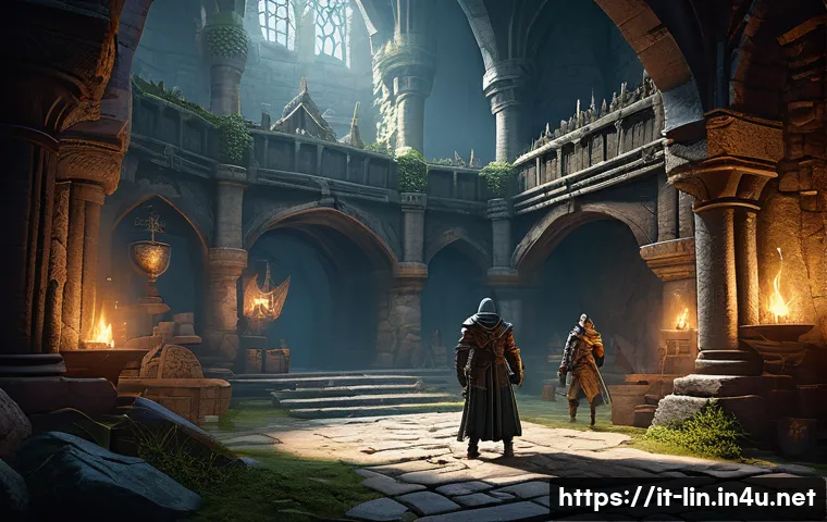 리니지 PvE 전용 서버 분석 - A serene fantasy PvE game environment depicting a group of diverse adventurers in light armor collab...
