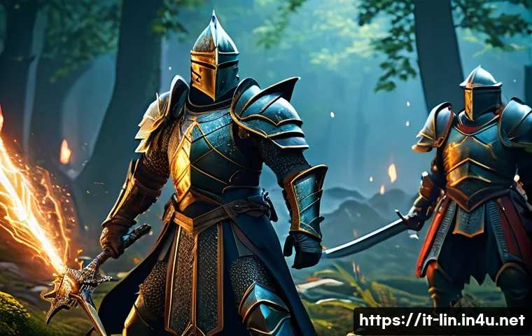리니지 클래식과 리마스터 비교 - A vibrant fantasy medieval battle scene inspired by Lineage Remastered, featuring highly detailed 3D...