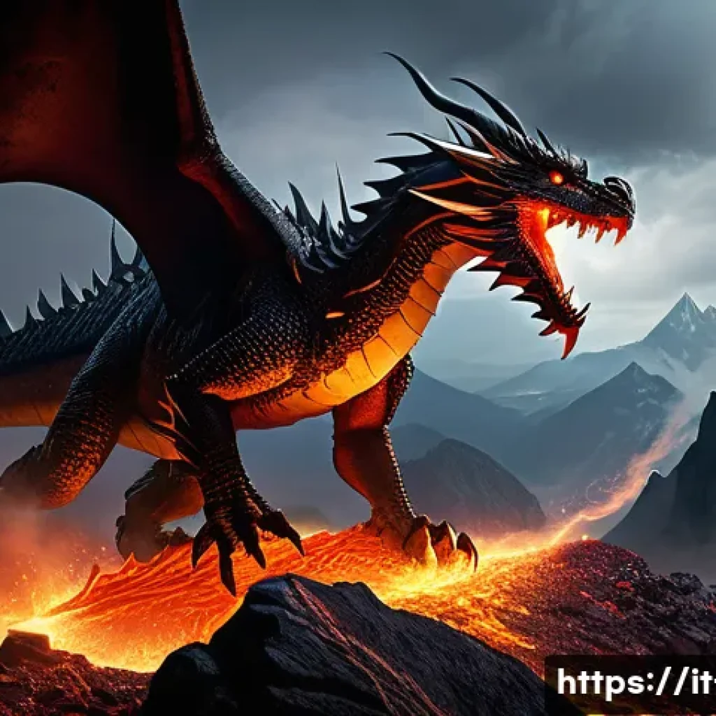 리니지 희귀 몬스터 출현 정보 - A fierce Fire Dragon soaring above the Flame Mountains during a dense nighttime fog event, glowing e...