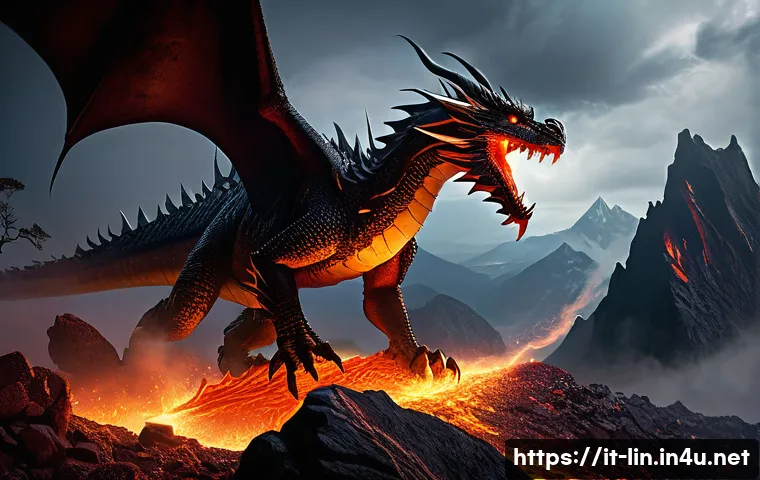 리니지 희귀 몬스터 출현 정보 - A fierce Fire Dragon soaring above the Flame Mountains during a dense nighttime fog event, glowing e...