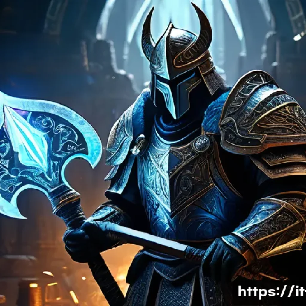 리니지 각인 장비 시스템 - A detailed fantasy warrior character standing in a dimly lit forge, applying a glowing magical engra...