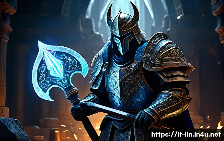 리니지 각인 장비 시스템 - A detailed fantasy warrior character standing in a dimly lit forge, applying a glowing magical engra...