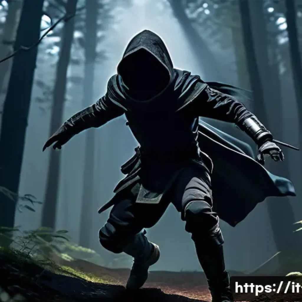 리니지 신규 클래스 소식 - A dynamic scene of a Shadow Dancer in a dark, misty forest at night, wearing sleek, lightweight armo...