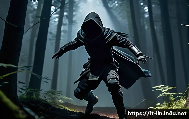리니지 신규 클래스 소식 - A dynamic scene of a Shadow Dancer in a dark, misty forest at night, wearing sleek, lightweight armo...