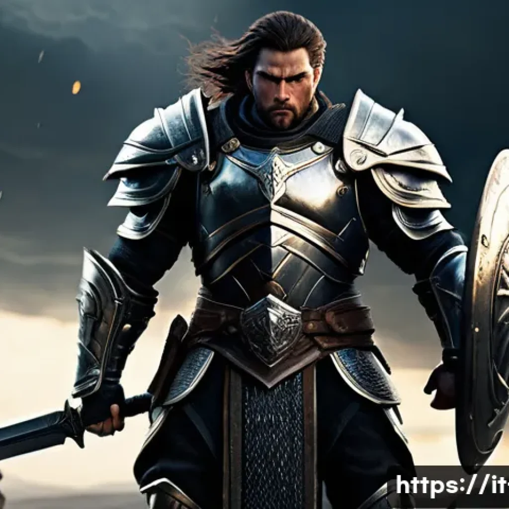 리니지 클래스 변경의 이점 - A dynamic fantasy warrior character clad in intricately detailed heavy armor, wielding a massive swo...