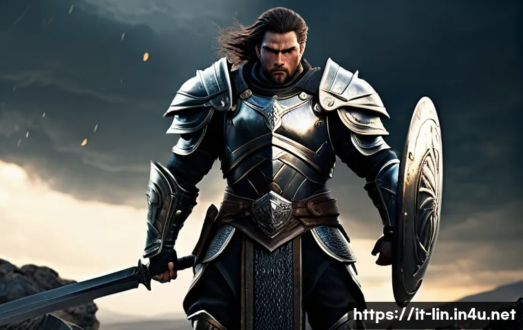 리니지 클래스 변경의 이점 - A dynamic fantasy warrior character clad in intricately detailed heavy armor, wielding a massive swo...