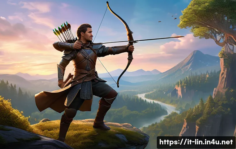 리니지 클래스 변경 팁 - A dynamic fantasy battle scene featuring a versatile archer character in detailed leather armor, wie...