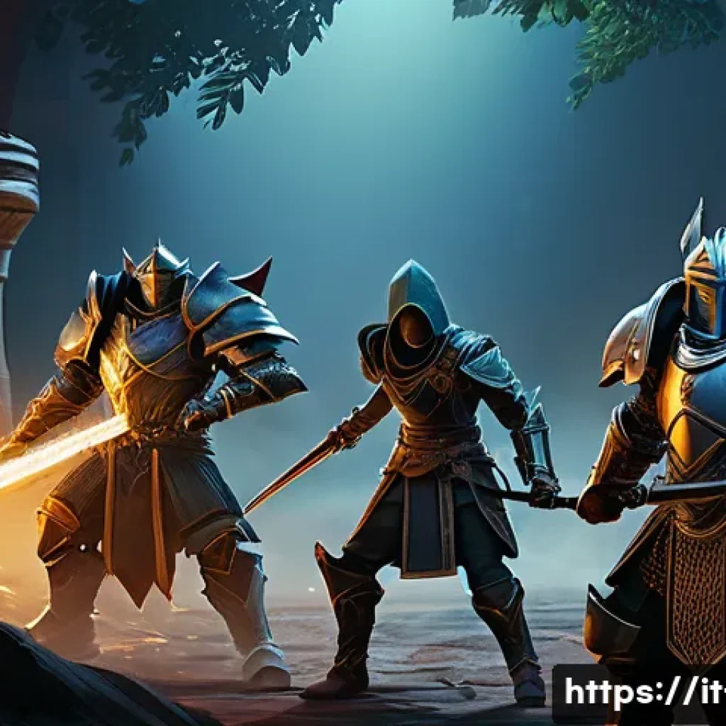 리니지 게임 모드 소개 - A dynamic PvP battle scene in a fantasy MMORPG setting, featuring a diverse group of armored charact...