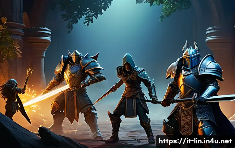 리니지 게임 모드 소개 - A dynamic PvP battle scene in a fantasy MMORPG setting, featuring a diverse group of armored charact...