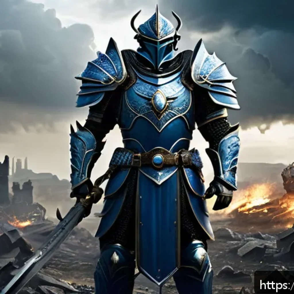 리니지 각성 스킬 세팅 - A fierce warrior clad in ornate heavy armor, standing resolute on a battlefield strewn with fallen f...