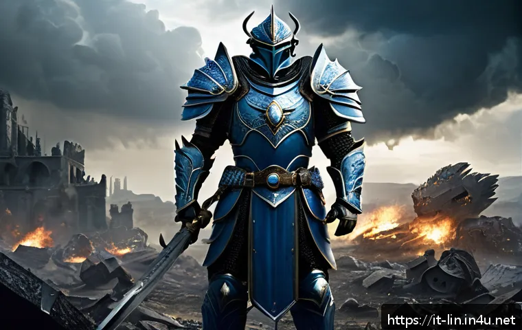 리니지 각성 스킬 세팅 - A fierce warrior clad in ornate heavy armor, standing resolute on a battlefield strewn with fallen f...