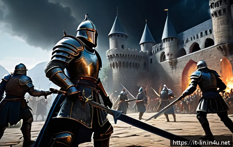 리니지 PVP 보상 시스템 - A dynamic PvP battle scene set in a medieval fantasy arena during an intense moment of combat, featu...