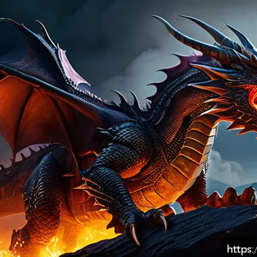 리니지 희귀 보스 분석 - A fierce Fire Dragon boss perched atop fiery mountain peaks under a dark night sky, surrounded by in...