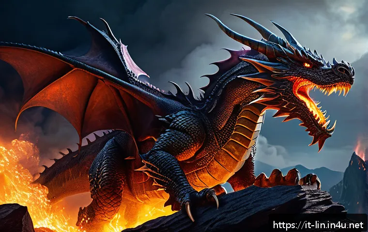 리니지 희귀 보스 분석 - A fierce Fire Dragon boss perched atop fiery mountain peaks under a dark night sky, surrounded by in...