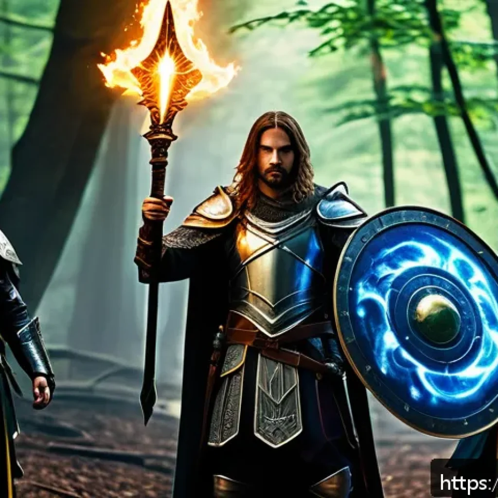 리니지 파티 사냥 장점 - A dynamic fantasy battle scene showcasing a well-coordinated party of three characters in detailed a...