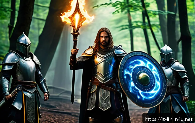 리니지 파티 사냥 장점 - A dynamic fantasy battle scene showcasing a well-coordinated party of three characters in detailed a...