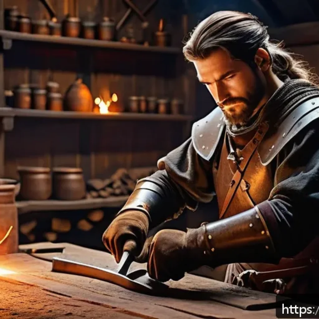 리니지 무기 강화 안전 라인 - A detailed fantasy RPG blacksmith workshop scene focused on weapon enhancement: a skilled artisan ca...