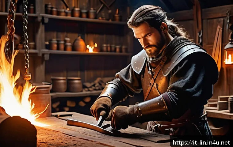 리니지 무기 강화 안전 라인 - A detailed fantasy RPG blacksmith workshop scene focused on weapon enhancement: a skilled artisan ca...