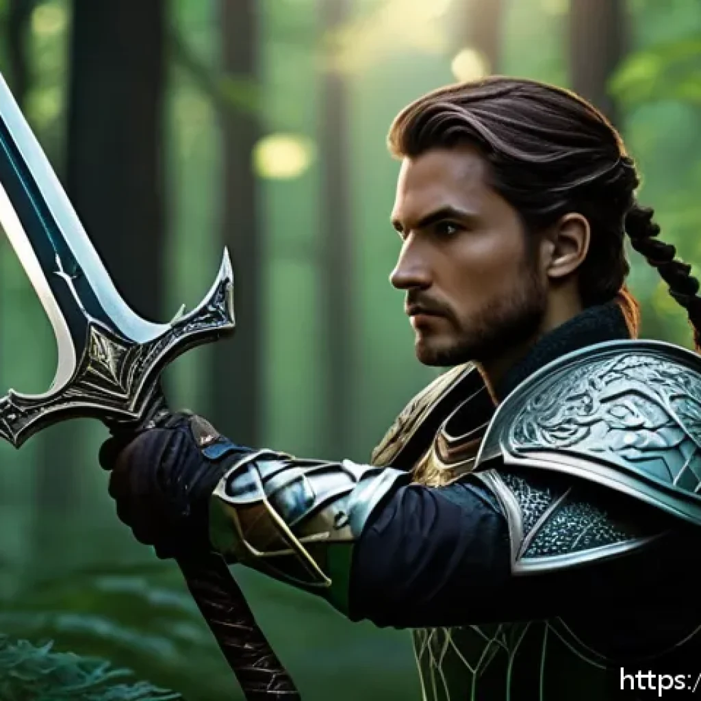 리니지 전문 사냥꾼 팁 - A dynamic fantasy hunter character in lightweight armor wielding a sleek, enchanted sword glowing wi...