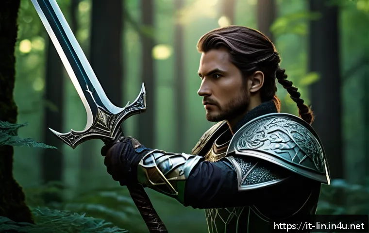 리니지 전문 사냥꾼 팁 - A dynamic fantasy hunter character in lightweight armor wielding a sleek, enchanted sword glowing wi...