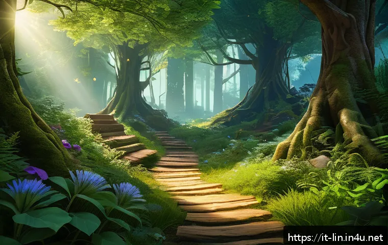 리니지 크래프팅 필수 정보 - A vibrant, detailed forest scene inspired by the Giran Forest from a fantasy MMORPG, featuring lush ...