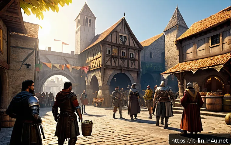 리니지 NPC 기능 활용법 - A dynamic fantasy game scene featuring a diverse group of adventurers interacting with animated NPCs...