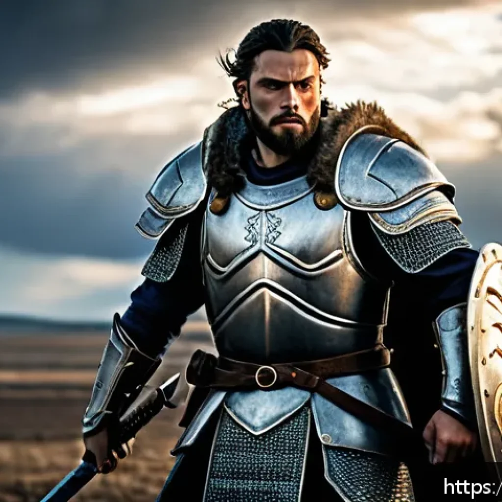 리니지 클래스별 성장 속도 - A powerful warrior clad in heavy, intricately detailed armor wielding a large one-handed sword and s...