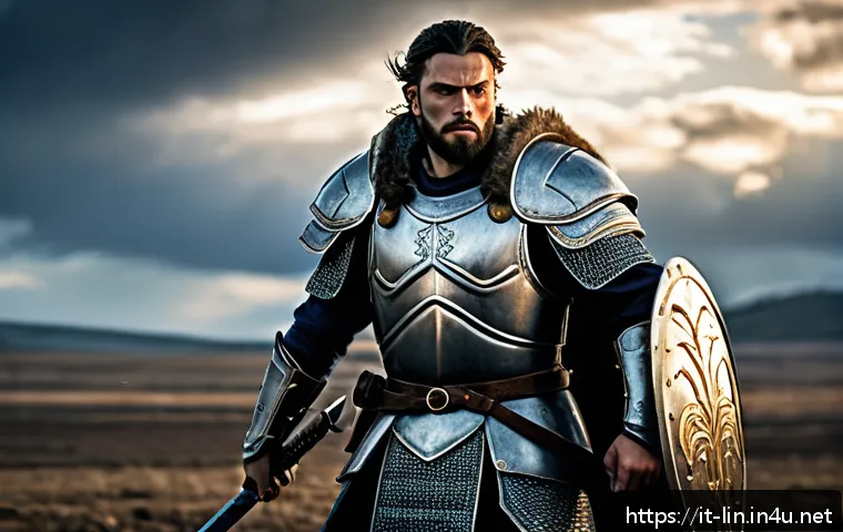 리니지 클래스별 성장 속도 - A powerful warrior clad in heavy, intricately detailed armor wielding a large one-handed sword and s...